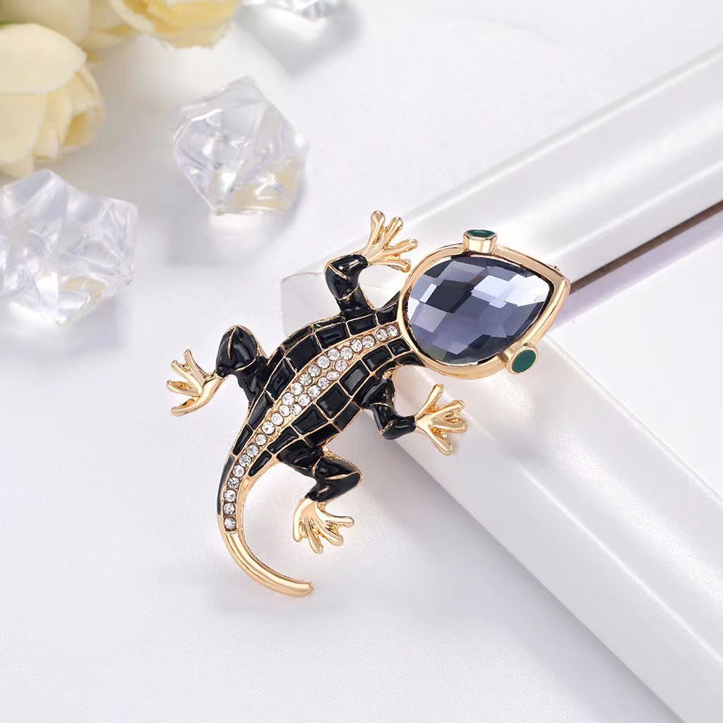 Embroidery Fish - Mit Diamanten besetzte Glas-Gecko-Brosche, vierbeiniger Schlangen-Eidechsen-Clip,