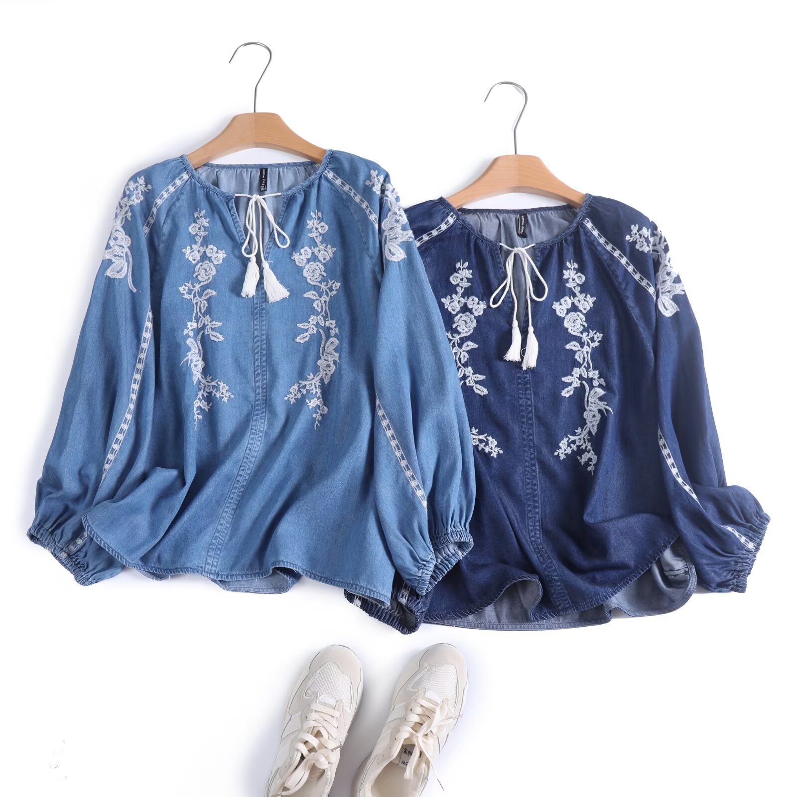 Embroidery Blouse - Frauen Denim Bluse Top Blume Stickerei