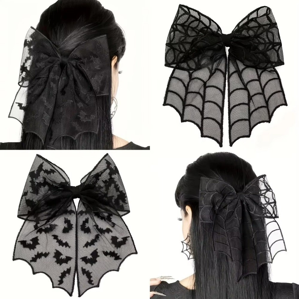 Embroidery Gothic - Spitzen-Tüll-Schleier-Haarspangen mit Fledermaus-Stickerei im Gothic-Stil, Halloween-Haarnadeln,