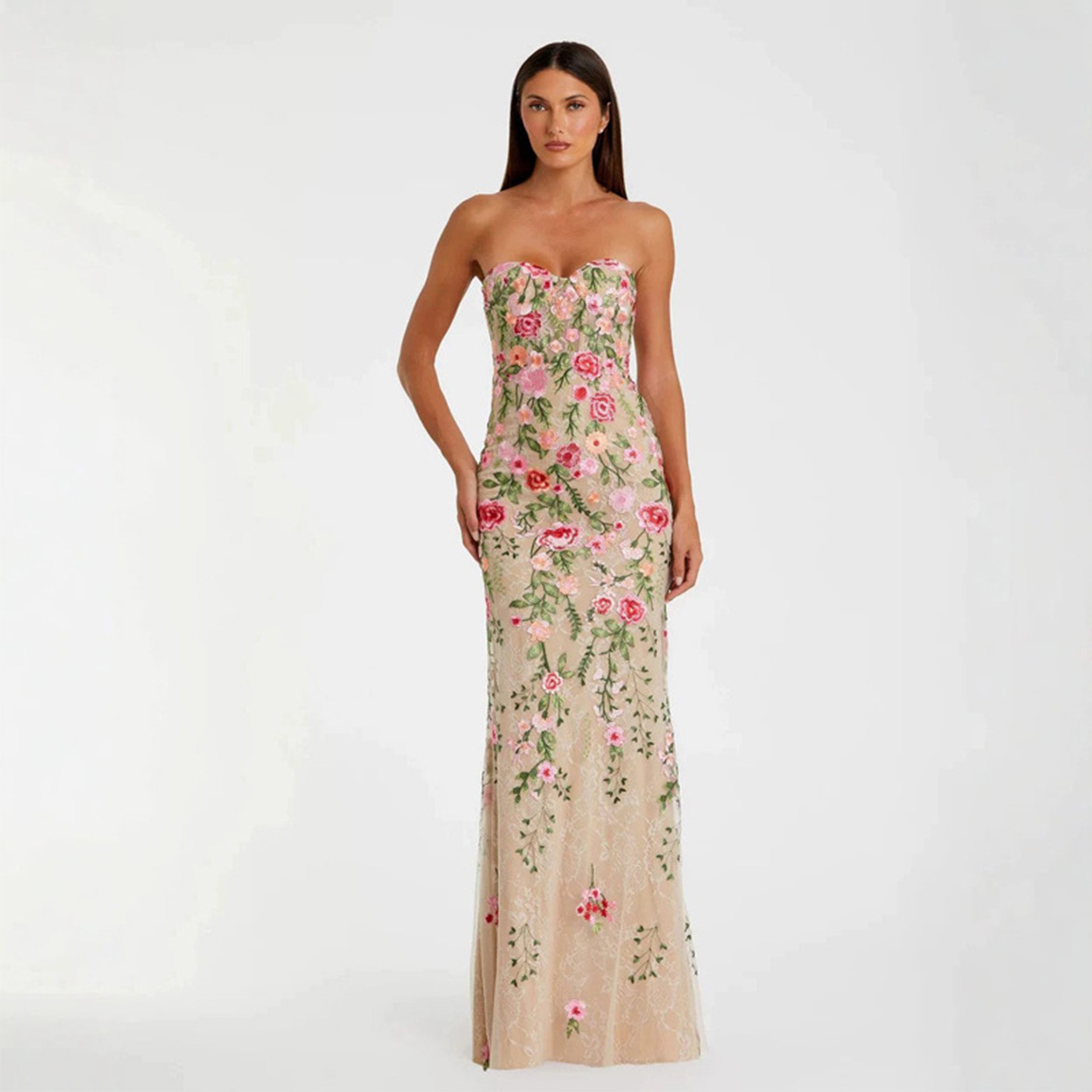 Embroidery Fish - Schulterfreies, figurbetontes Kleid mit Fischgrätenmuster, Blumenstickerei