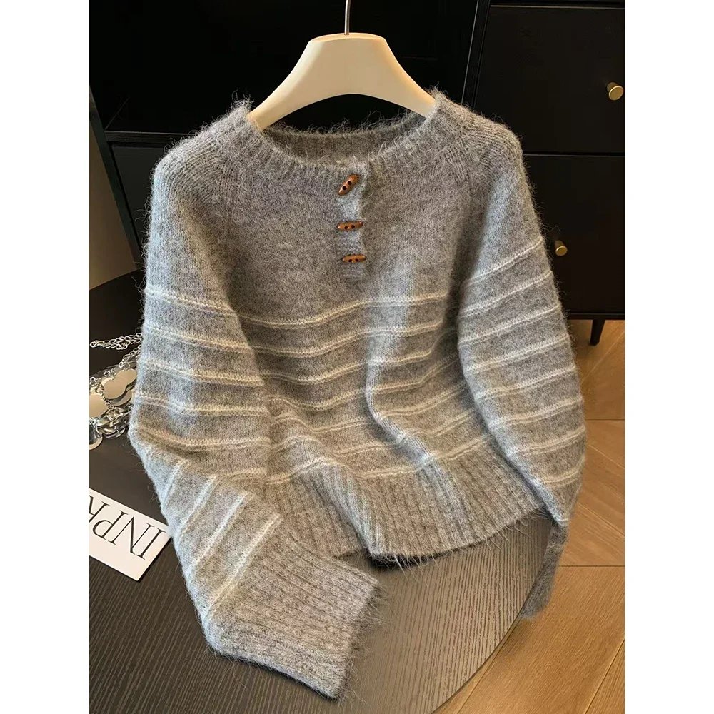 Embroidery A - Herbst Winter Damen Gestreifter Woll-Kaschmir-Pullover, Loser