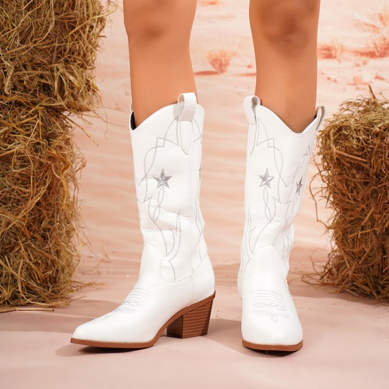 Embroidery On Leather - Damenstiefel, mittelhoher Schaft, spitzer Zehenbereich, mittlerer