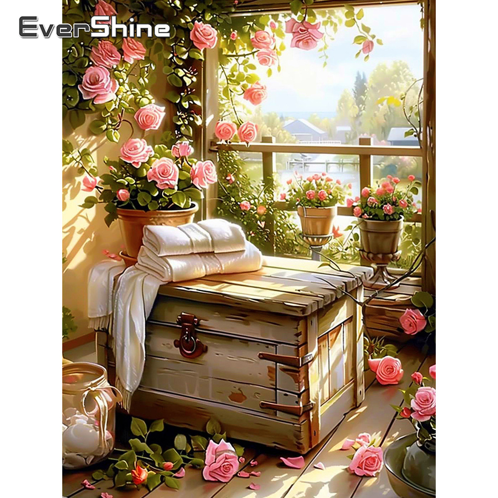 Embroidery A - Evershine Vollquadratisches, rundes Diamantgemälde, Hauslandschaftsbild, Strass-Stickerei,