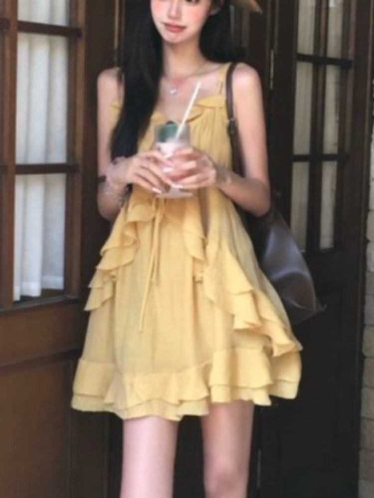 Embroidery Yellow Dress - Französische sexy Urlaubskleider in süßem Gelb