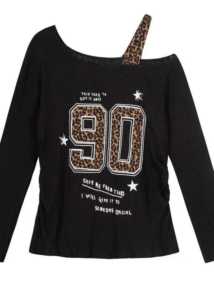 Embroidery A - Y2K Patchwork Leopardenmuster T-Shirt Damen Locker