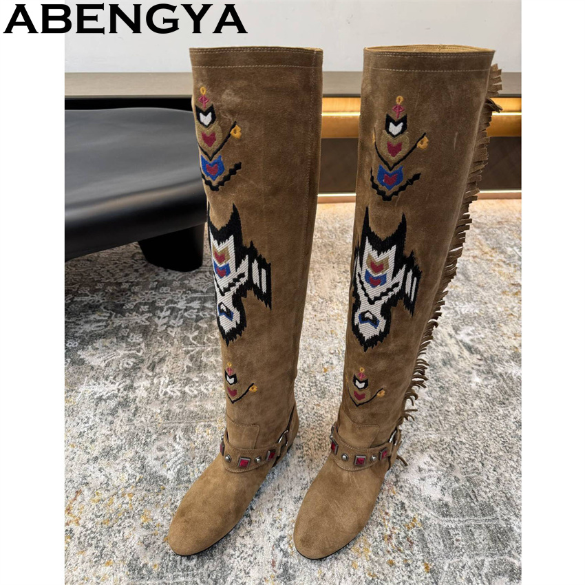 Embroidery On Leather - ABENGYA 2026 Winter Neue Kniehohe Stiefel