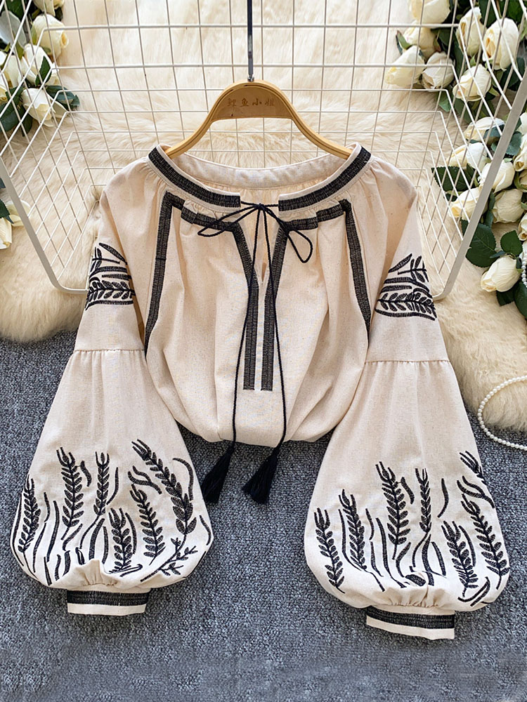 Embroidery Blouse - Damenbluse im Bohemian-Stil, bestickt, Laternenärmel, lockeres
