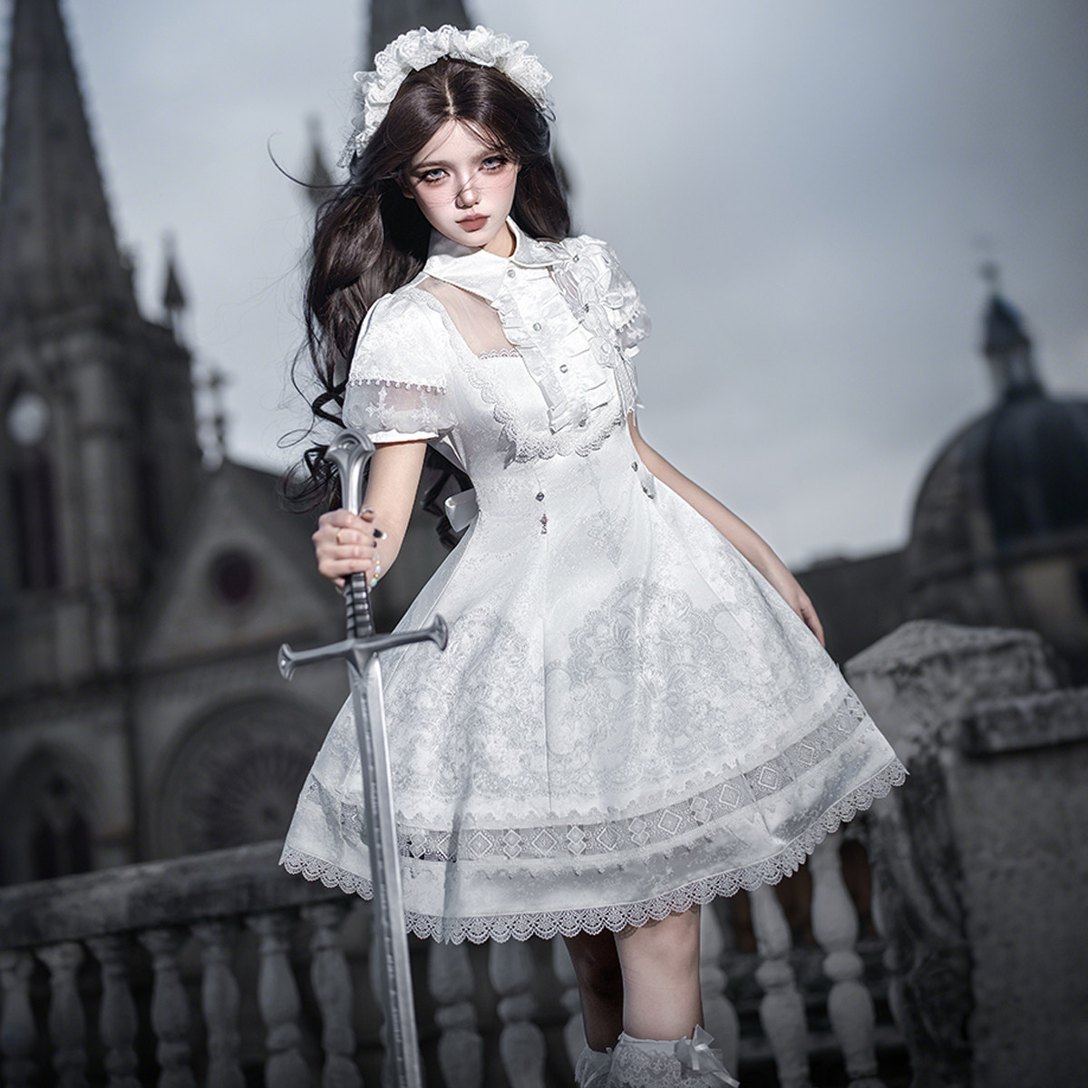 Embroidery Gothic - Original Cla Lolita Op-Kleid, weiße Spitze,