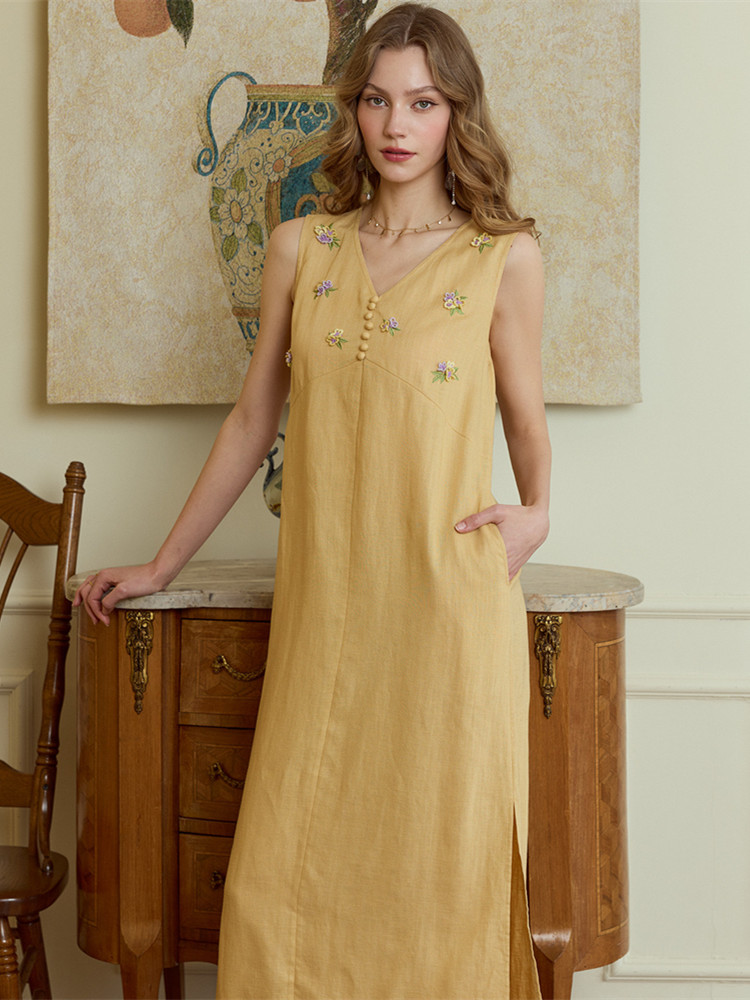 Embroidery Yellow Dress - 86-98 cm Brustumfang, lange Sommerkleider für