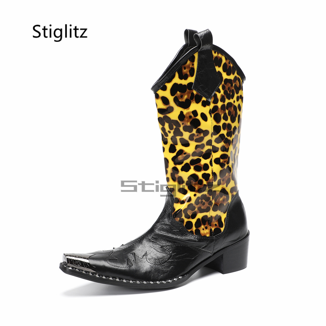 Embroidery On Leather - Herren-Reitstiefel mit Leopardenmuster, Stickerei, Totem, echtes