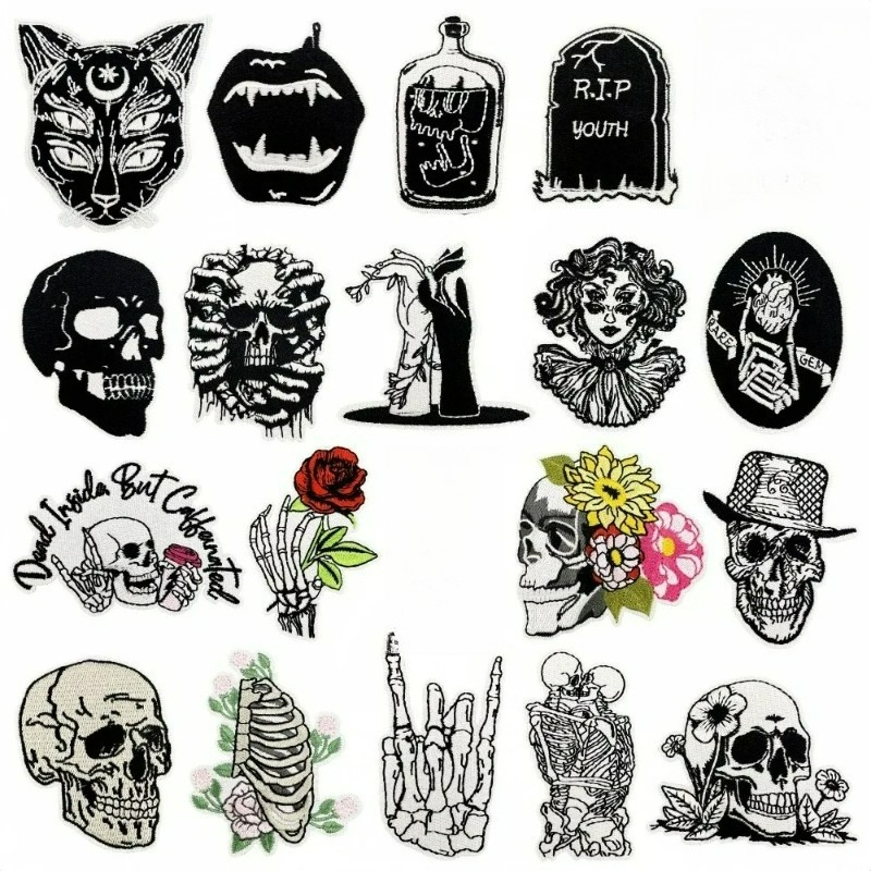 Embroidery On Black Shirt - Schwarze Punk-Terror-Totenkopf-Rosen-Katzenfrau Aufbügelbare und Aufnähbare Stickerei-Abzeichen