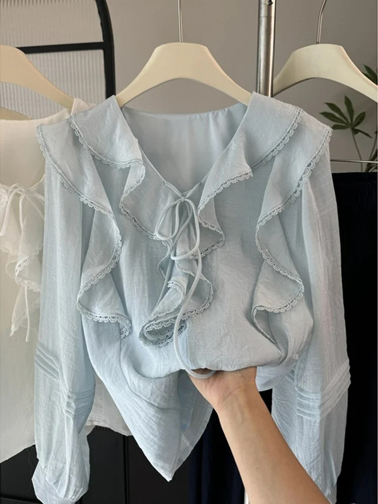 Embroidery A - Französische V-Ausschnitt Bluse mit Langen Ärmeln
