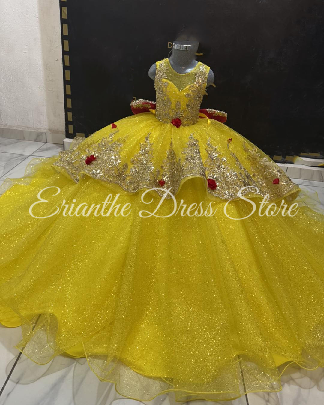 Embroidery Yellow Dress - Gelbes Blumenmädchenkleid für die Hochzeit, Tüll,